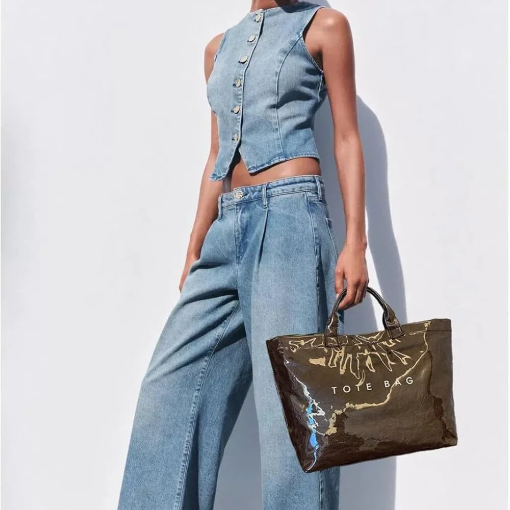 Large Tote Bag for Women,PVC Totes Bags Kraft Paper Carry All Handbag Shoulder P - Picture 3 of 6